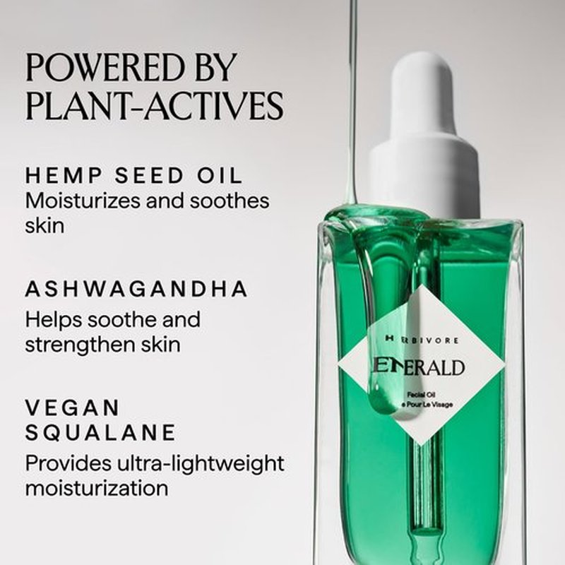 HERBIVORE Emerald Facial Oil | Calming & Soothing for Stressed Skin | Deeply Hydrating with Squalane & Ashwagandha, Safe for Blemish Prone Skin, Vegan, 50 mL / 1.7 oz