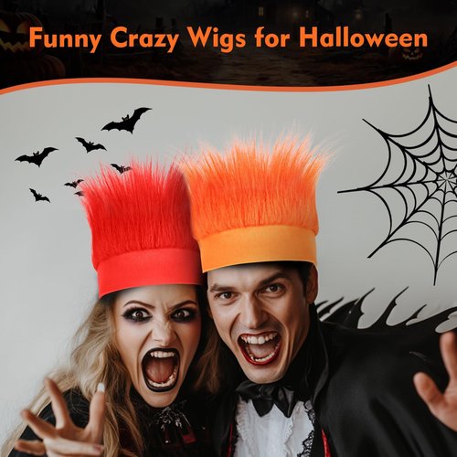 Hairy Headband, Funny Wigs Fun Crazy Hats,Troll Hair Costume Accessories for Adults and Teens, Silly Party Supplies for Mardi Gras,Crazy Hair Day, Spirit Week,Halloween and Sports (Red&Orange,2 Pack)
