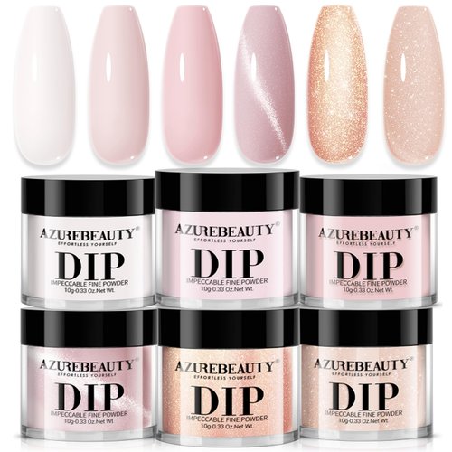 AZUREBEAUTY Dip Powder Nail Set, 6 Colors Nude Pink Glitter Cat Eye Natural Dipping Powder Starter All Season Kit, French Nail Art Manicure DIY Salon, No Need Nail Lamp Cured