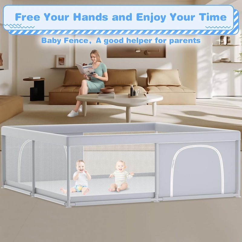 XVISHX Baby Playpen - 79 x 79 Inch Playard for Indoor & Outdoor Use | Soft, Breathable Mesh in Grey