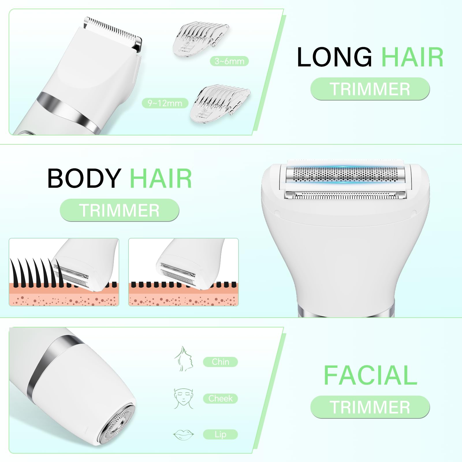 Bikini Trimmer for Women, 3-in-1 Electric Razors for Silk Skin, Wet/Dry Body Hair Shaver for Face Nose Eyebrow Arms Armpit Legs Pubic Area, Painless, IPX7 Waterproof, Ceramic Blade
