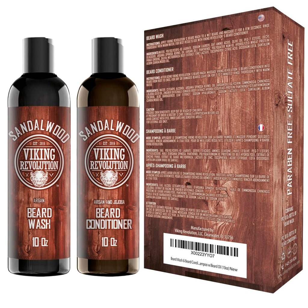 Beard Wash & Beard Conditioner Set w/Argan & Jojoba Oils - Softens & Strengthens - Natural Sandalwood Scent - Beard Shampoo w/Beard Oil (10oz)