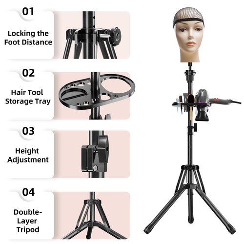 EBLIKI Wig Head Stand Tripod - Reinforced Mannequin Stand, Adjustable Height 31" - 57" Wig Stand for Styling, Cosmetology Hairdressing Training with Wig Caps, T-Pins Hair Clips
