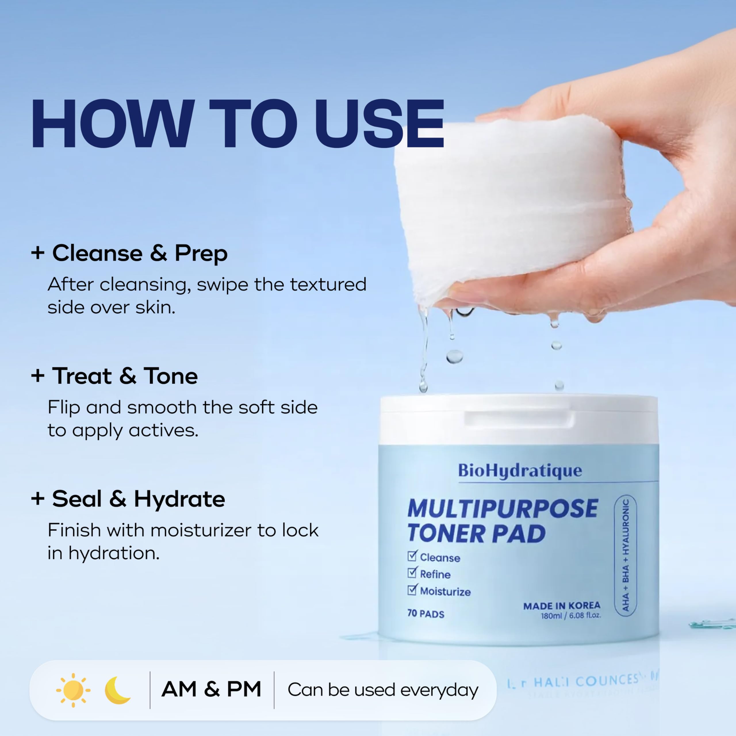 Bio Hydratique AHA+BHA+Hyaluronic Acid Toner Pads – Dermatologist Tested, Anti Aging, Korean Skin Care – Clears Pores, Smooths Texture, Hydrates For Soft, Plump Skin – Vegan, Clean Beauty – 70 Pads