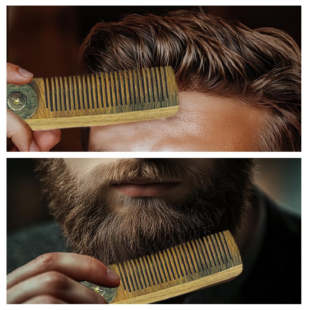 CHGCRAFT Retro Pattern Folding Wooden Comb, Carved Fine Tooth Hair Comb with Imitation Leather Protective Cover for Men Beard Mustache Grooming, Travel Pocket Comb Gift for Husband