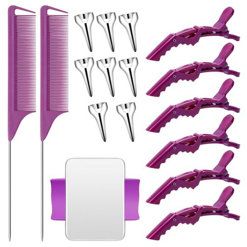 17 Pieces Hair Parting Tools Set Square, Included 8 Pieces Hair Parting Ring 2 Pieces Metal Rat Tail Comb 6 Pieces Hair Sectioning Clip with Magnetic Wrist Sewing Pin Holder for Braiding (Purple)