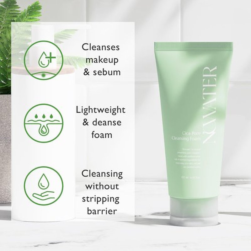 NOWATER Cica Pore Cleansing Foam | Pore Cleansing and Sebum Control | Cica, Hyaluronic Acid, Aloe | Daily Face Wash | Korean Skin Care for face (4.05 fl.oz)