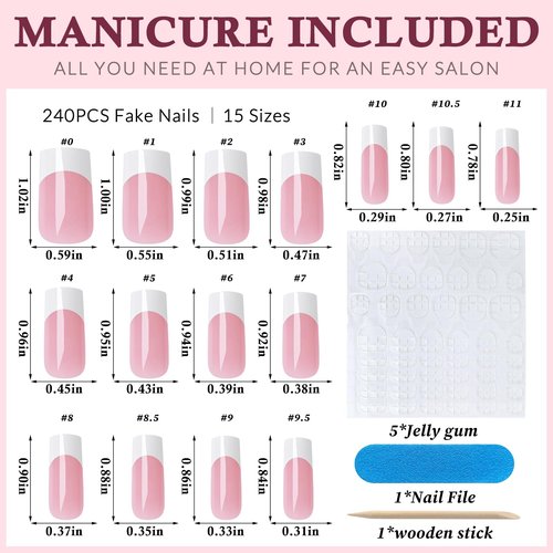 Lifextol 240PC White French Tip Press on Nails Medium Fake Nails Press ons with 5*Adhesive Tabs, Pink Square Acrylic Nail Press on Nail French Tip Nails False Artificial Fingernails Stick on Nails-G