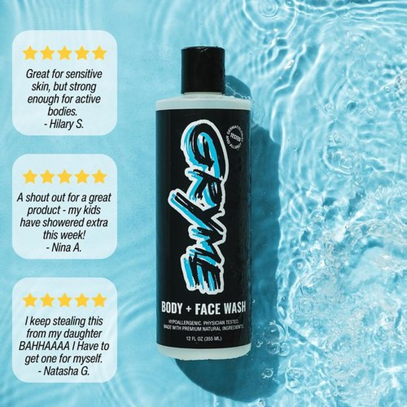 GRYME 2-in-1 Kids Body Wash and Face Wash | Natural, Sensitive Body Soap | Preteens Ages 8-12 or All Ages | Plant Based, Gentle Kids Skin Care - Fast Head-to-Toe Moisturizing Shower Gel Wash | 12 oz
