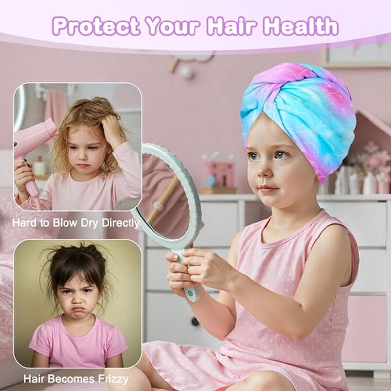 FIOBEE Microfiber Hair Towel Wrap for Kids Rapid Drying Turbans for Wet Hair with Button Women & Girls Long, Curly Hair Pack of 2, Purple/Green Mermaid