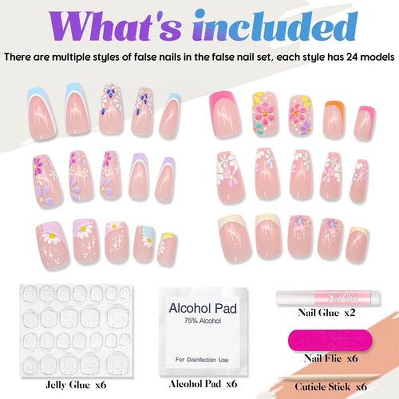 6-Pack Square Press-On Nails: 12 Sets (144 Pcs) French Tip Fake Nails with Flower Design - Full Cover, Colourful Artificial, Reusable False Nails Kit - Cute Glue-On Nails for Women & Girls