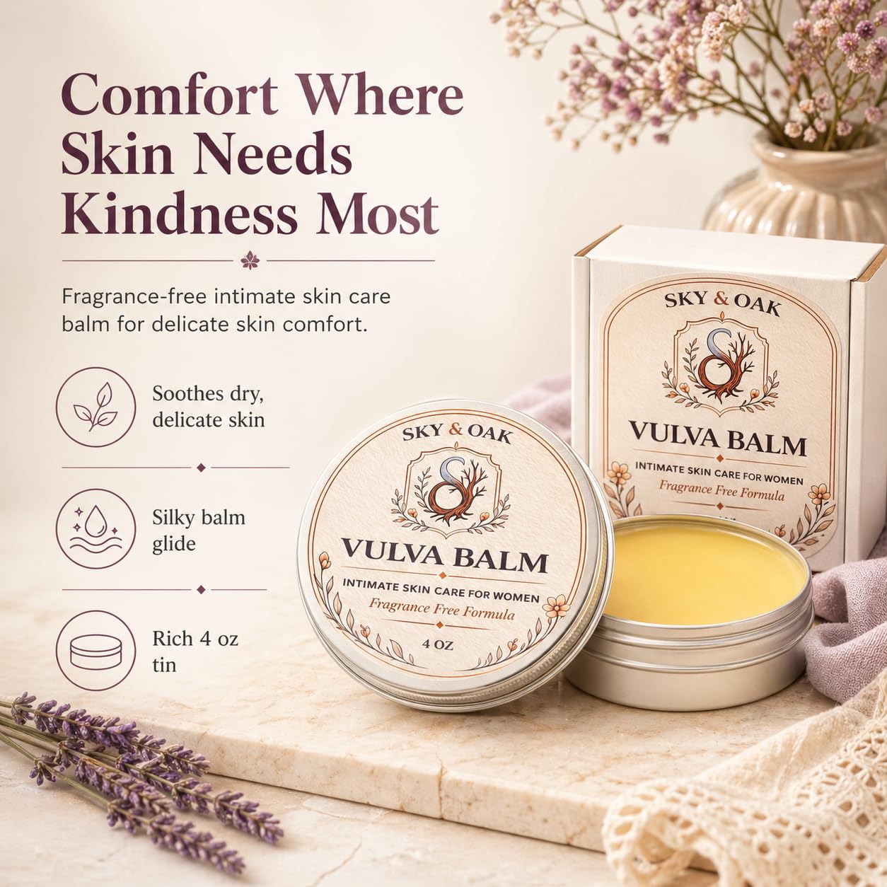 Sky and Oak Vulva Balm for Women – Premium Intimate Skin Care, Fragrance Free Vaginal Moisturizer, Soothes Dryness, Itching & Irritation, 4 oz