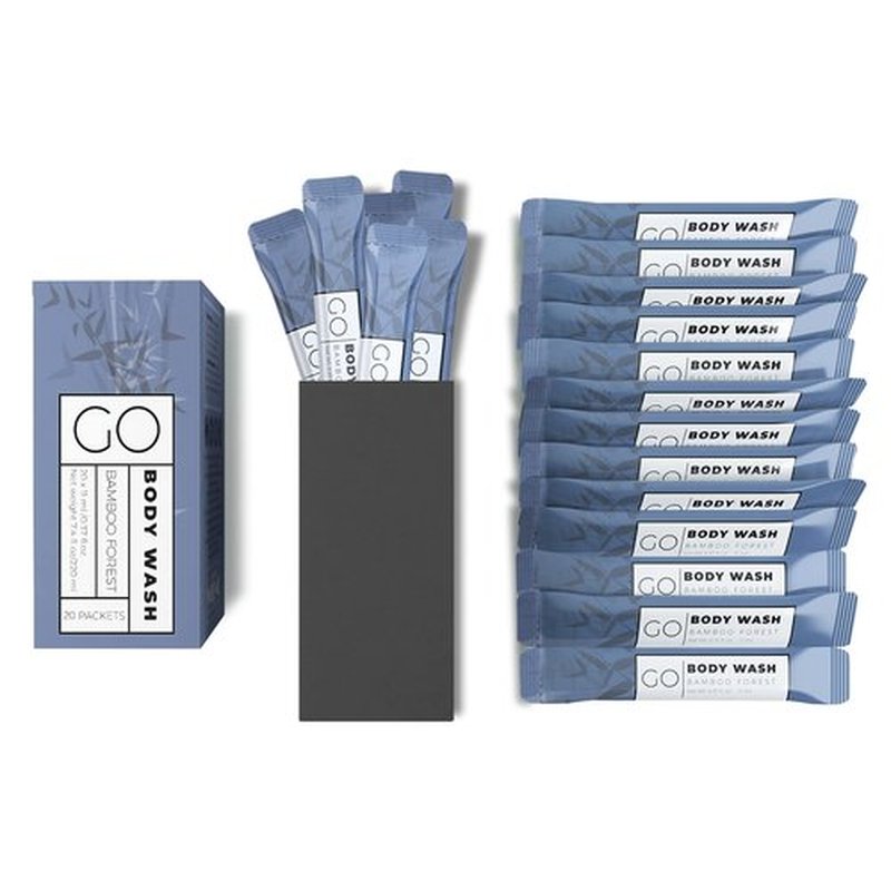 Go Essentials Travel Size Body Wash Packets – Single Use amenity for Women & Men. TSA Travel Size Toiletries