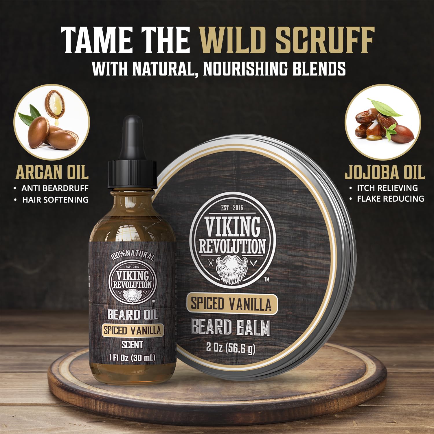 Viking Revolution Spiced Vanilla Beard Balm for Men (2oz) and Beard Oil (1 fl oz) Kit - With Argan and Jojoba Oils - Soften and Moisturize - Stocking Stuffers for Men