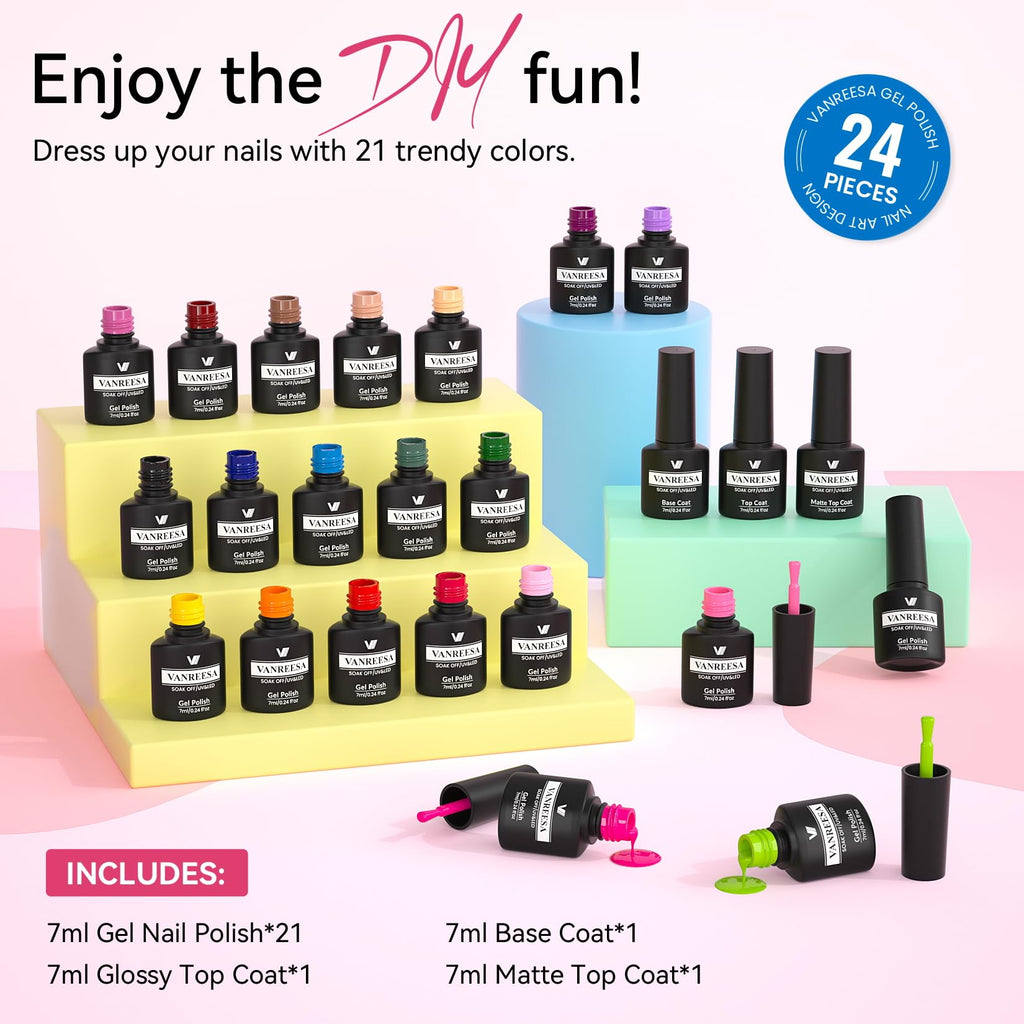 VANREESA 24 Pcs Gel Nail Polish Set, 21 Colors Gel Polish with Base Coat Glossy & Matte Top Coat Pink Red Orange Yellow Green Blue Purple brown Gel Polish Kit Nail Kit Gifts for Women
