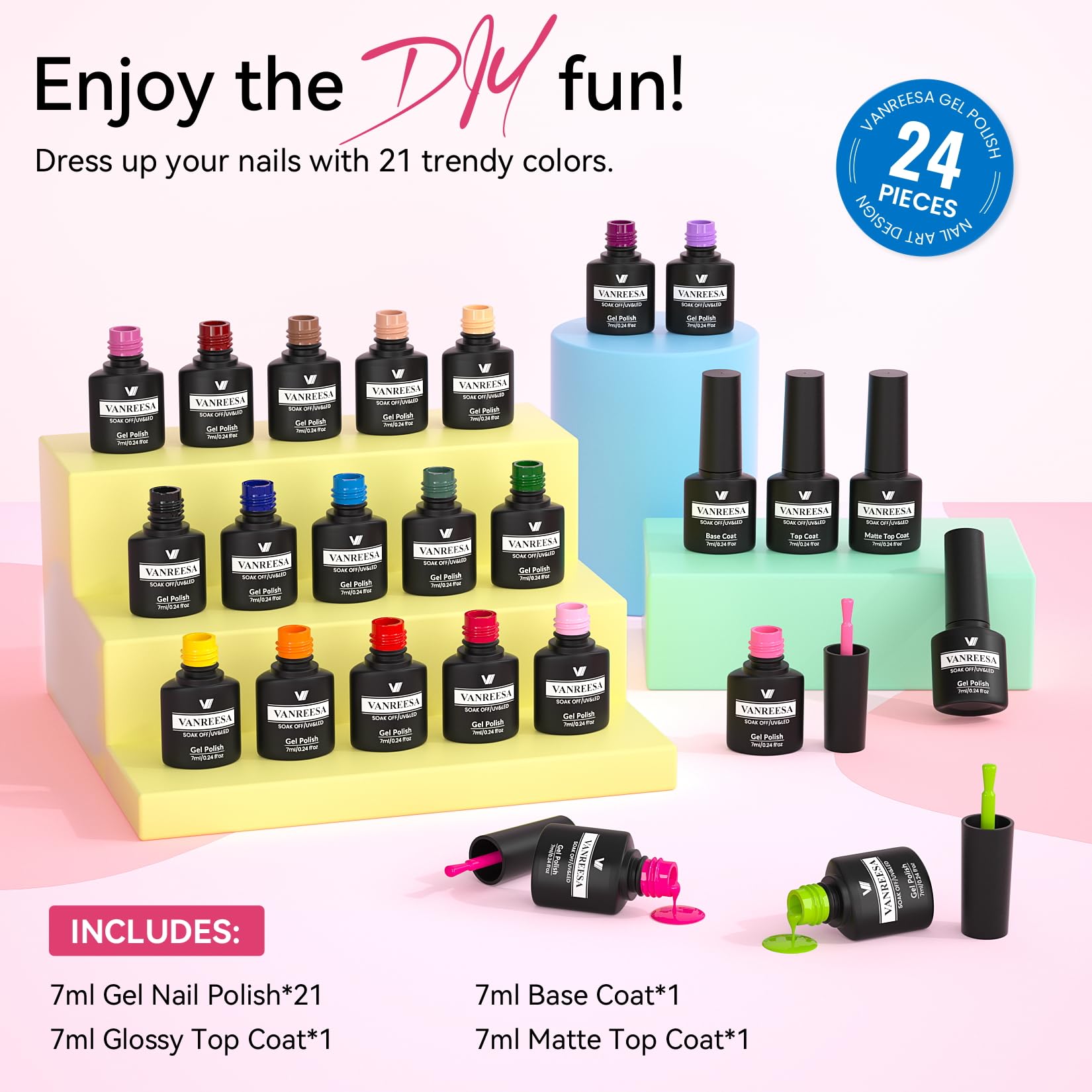VANREESA 24 Pcs Gel Nail Polish Set, 21 Colors Gel Polish with Base Coat Glossy & Matte Top Coat Pink Red Orange Yellow Green Blue Purple brown Gel Polish Kit Nail Kit Gifts for Women