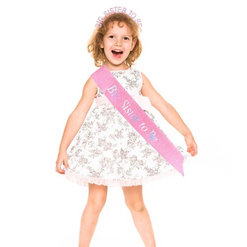 Chanaco Big Sister Gifts for Girls Pink Metal Rhinestone Crown Headband Glitter Satin Sash Big Sister to Be Accessory Set Announcement Party Decorations Cute Sibling Hairband Gift (Pink)