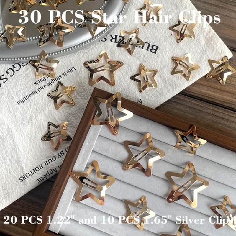 30 PCS Gold Star Hair Clips,20PCS 1.22"Star hair Clip and 10 PCS 1.65"Hair Clip Snap Hair Accessories Non Slip stars Clips for Girls Women gold Accessories Gold Metal Hair Clips