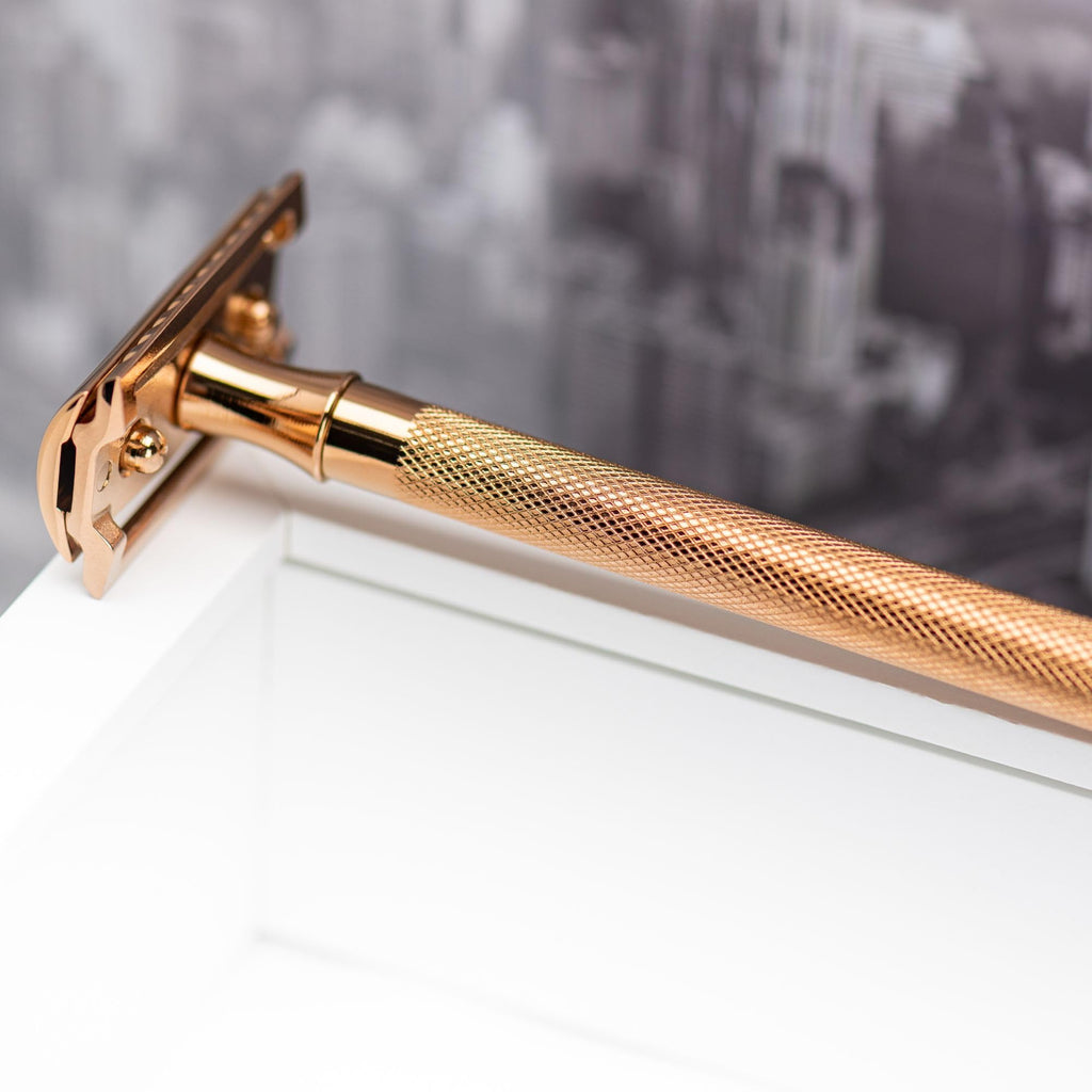 MERKUR 24G Safety Razor For Women with 10 Double Edge Blades | Extra Long Handle | Three-piece Razor | Straight Cut | Rose Gold Finish | Made in Germany
