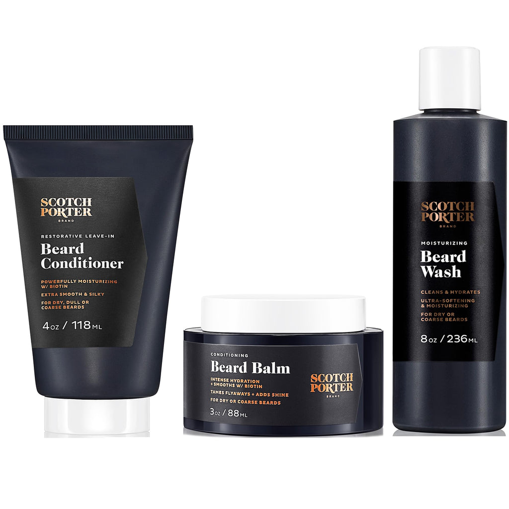 Scotch Porter Beard Care Set: 4oz Leave-in Conditioner, 3oz Balm, 8oz Wash | Non-Toxic, Vegan Formulas Free of Parabens, Sulfates & Silicones