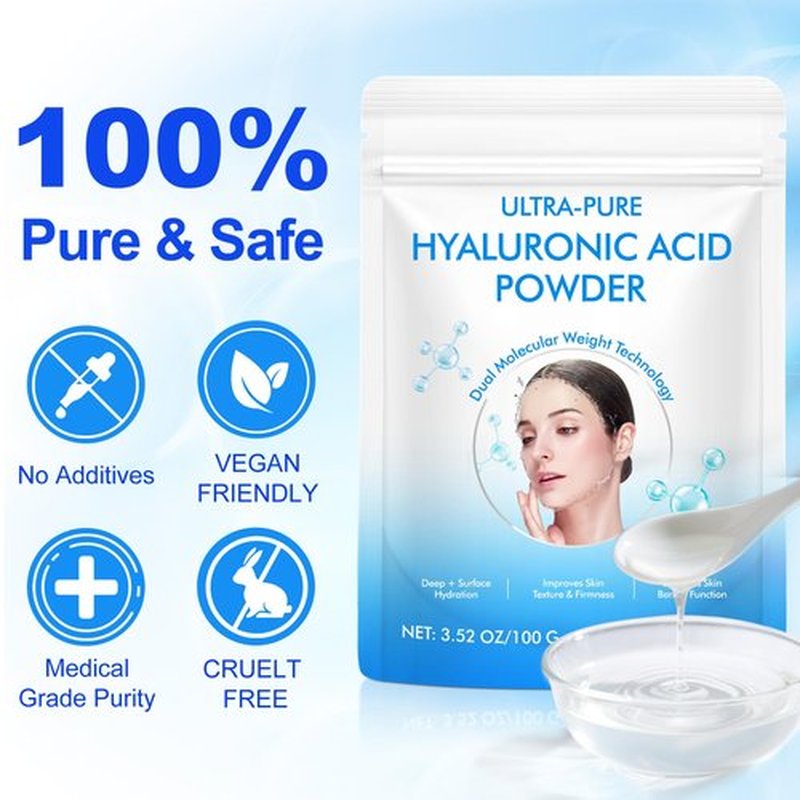 Hyaluronic Acid Serum Powder for Skin,Low and High Molecular Weight,Cosmetics Grade Skin Hydration and Moisture Support Supplements - Vegan, Water Soluble 100 Grams