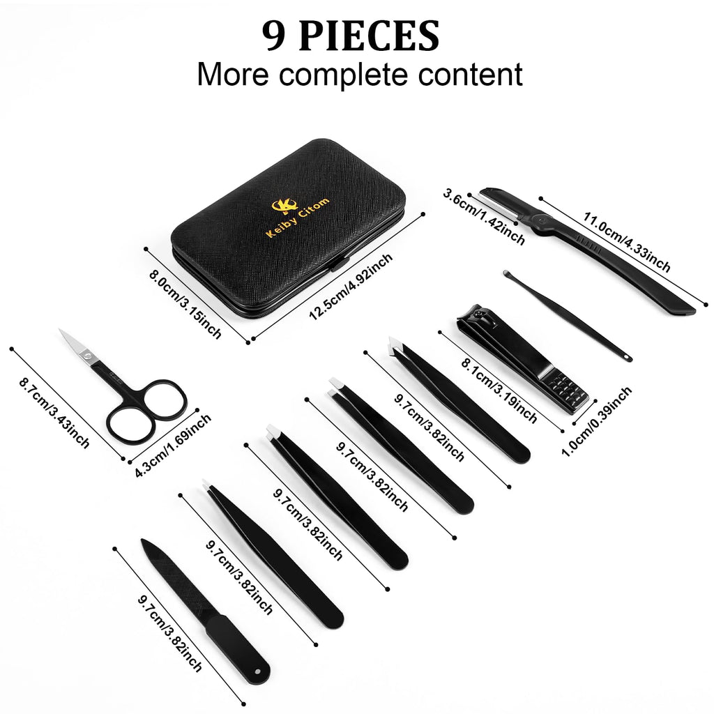 Tweezers Set and Nail Clippers 8Pcs Precision No Gaps Eyebrow Tweezer Kit for Facial Hair Men & Women Travel Tweezers with Leather Case (Black/Red)