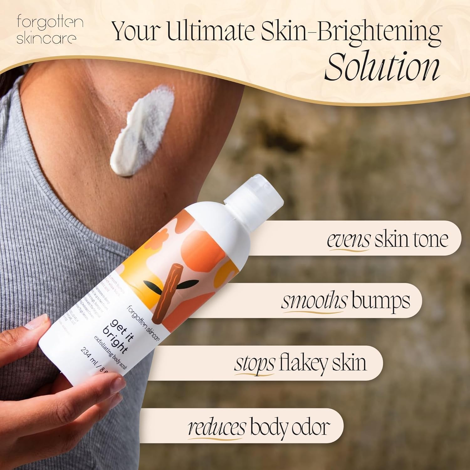 Forgotten Skincare Get It Bright Exfoliating Body Scrub with Glycolic Acid & Pumice for Dark Armpits, Bikini Area, KP Bumps, Rough Skin – Daily AHA Polish to Smooth, Soften & Prep Sensitive Areas