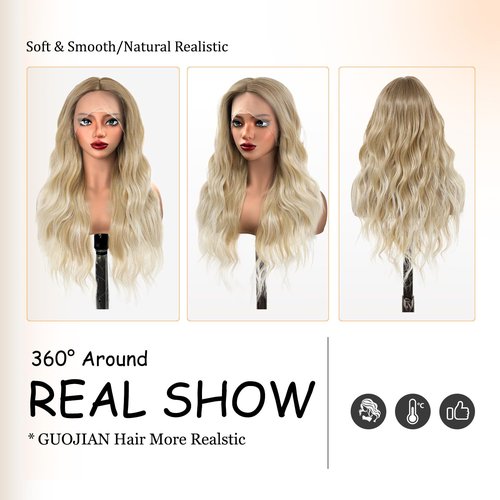 GUOJIAN Long Wave Wig 26inch Ombre Ash Blonde 13x5x1 HD Lace Front Synthetic Wavy Wigs For Women Heat Resistant Curly Wig for Cosplay Halloween Daily Use