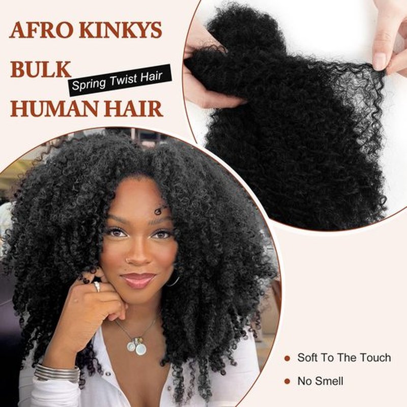 Afro Kinkys Bulk Human Hair 16 Inch 4 Bundles Black Afro Kinky-Curly Human Hair Bulk for Twist, Dreadlock Extensions Micro Loc Repair Twist Braids 4C Curly for Mini Twist