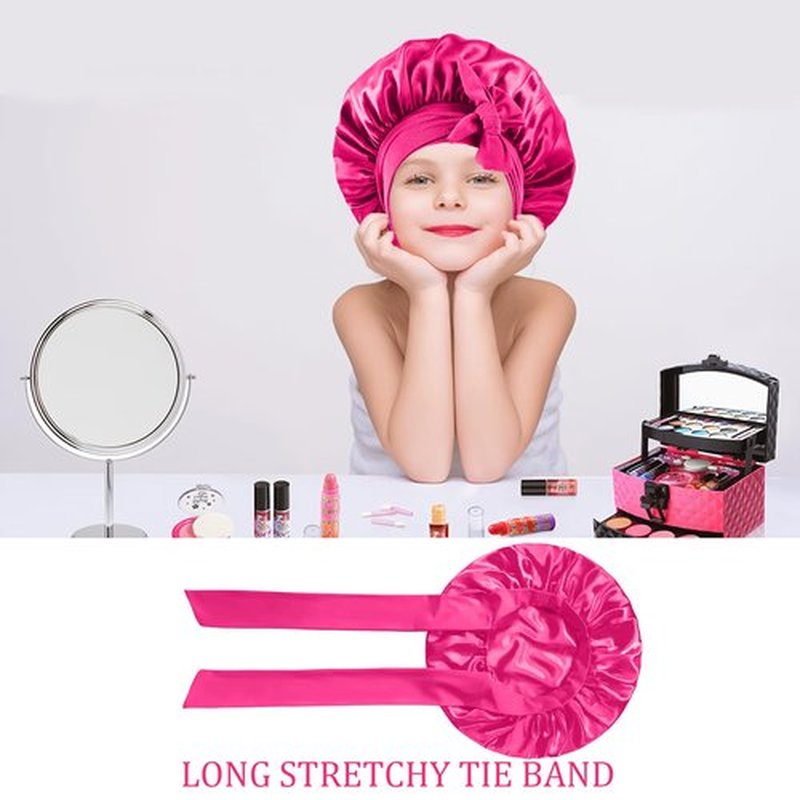3 PCs Kids Bonnets for Girls, Silk Bonnet for Kids, Satin Bonnet for Sleeping, Baby Toddler Hair Cap with Tie Band (Rose Pink+Peach Pink+Black)