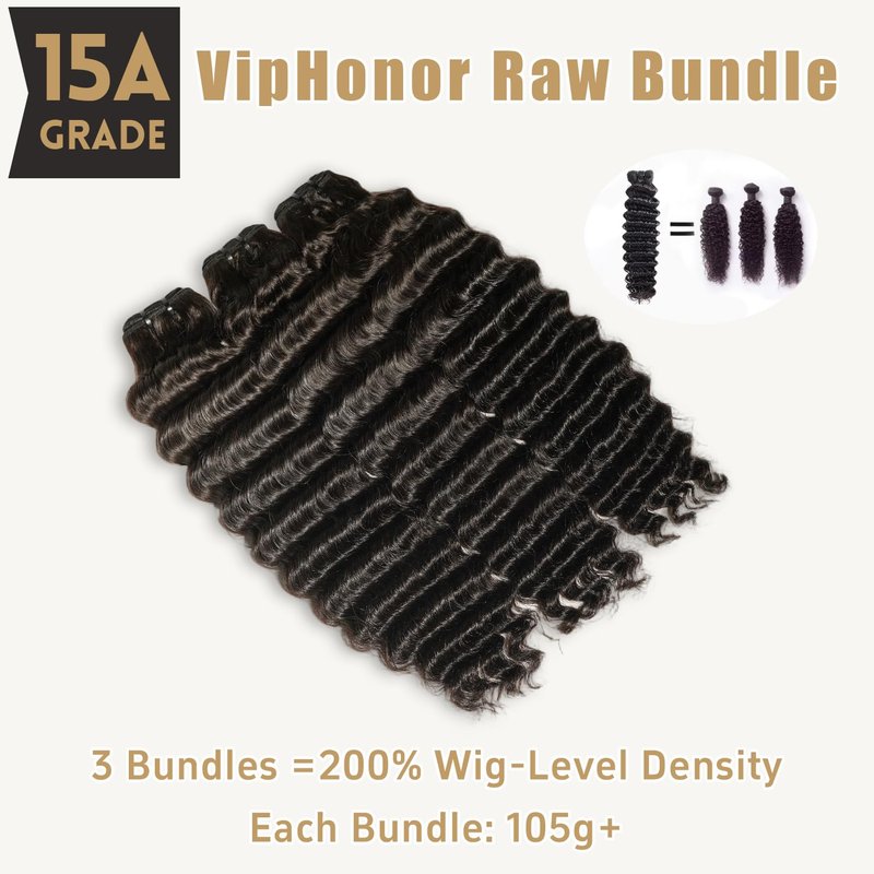 VipHonor 15A Raw Bundles Human Hair Deep Wave Human Hair Bundles,18 Inch Indian Curly Bundles Human Hair No Synthetic Blend,Thick without Split End Tangle Free Shedding Free Triple Lifespan