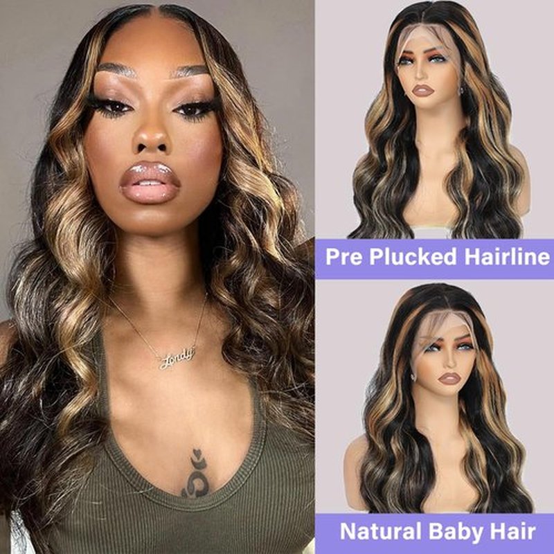 Aveiyce 13x6 1b/27 Highlight Ombre Balayage Lace Front Wigs Human Hair Black and Blonde Body Wave HD Transparent Lace Frontal Wig Pre Plucked with Baby Hair for Black Women 180% Density Wig 20 Inch