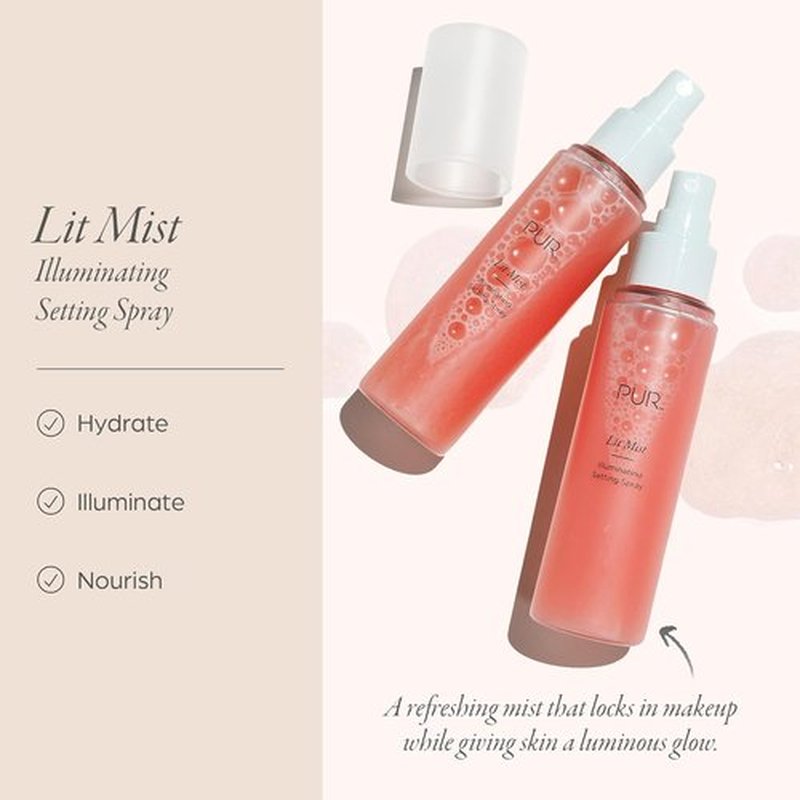 PÜR MINERALS Lit Mist Illuminating Setting Spray - Long-Lasting Makeup Finish | Lightweight Hydrating Primer for Dull Skin
