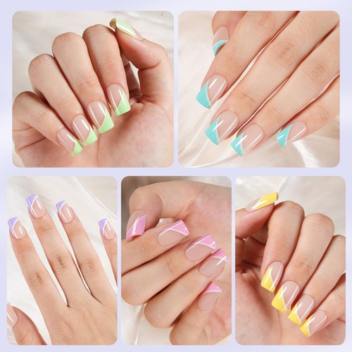 Plauva 150Pcs Short Press On Nails, French Tip Press On Nails, Soft Gel Stick On Nails Reusable Square Fake Nails for Women 15 Sizes, Pastel Curves