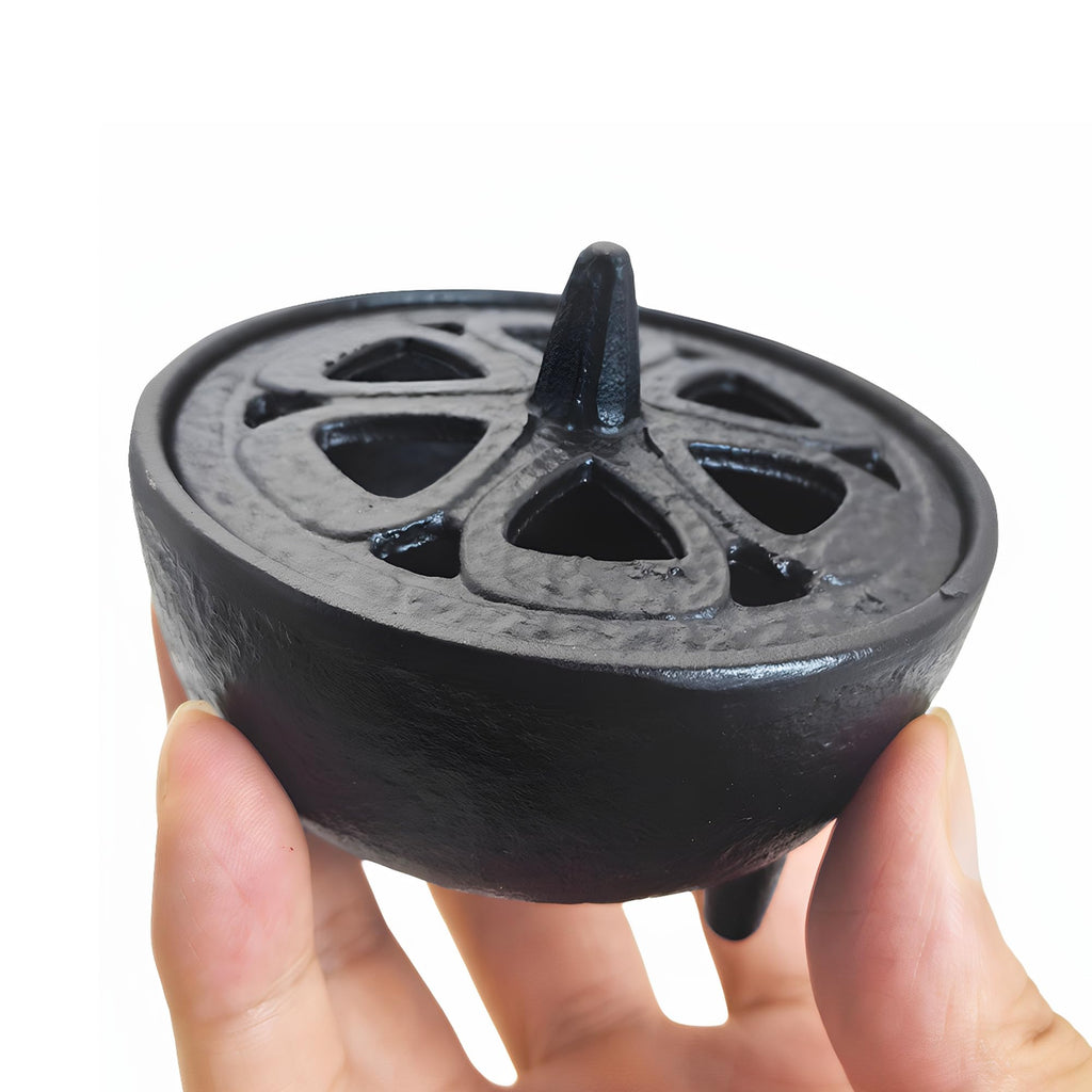 SECHUDO Small Cast Iron Incense Burner Holder, Home Decor, Bowl Design with Decorative Lid, Black Incense for Sticks, Resin, Cone Incense or Wax Melts