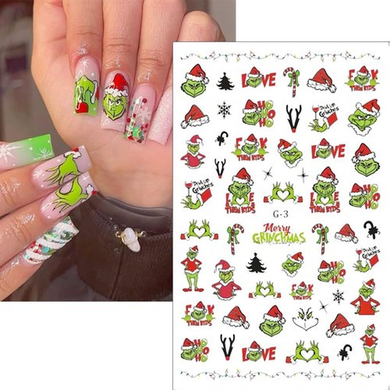 Christmas Nail Stickers for Nails Art, Xmas Cartoon Nail Art Stickers Decals Funny Cute Green Monster Nails Design Decals 3D Self-Adhesive Nail Supplies for Women Christmas Manicure Accessories,5Pcs