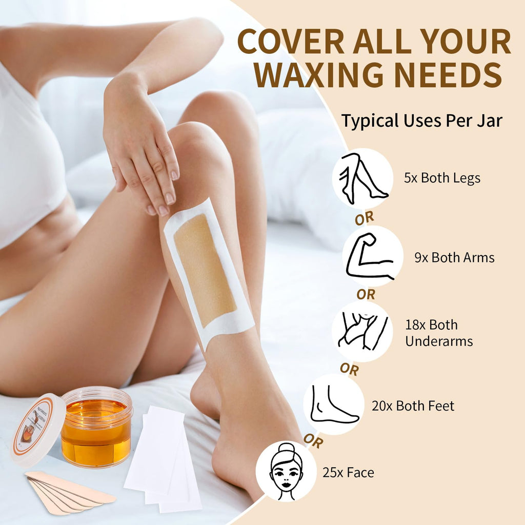Sugar Wax Kit Suagring Kit: 300g/10.6oz Organic Sugaring Paste for Body Hair Removal - Includes Wax Strips & Sticks, Pre and Post Care Oils