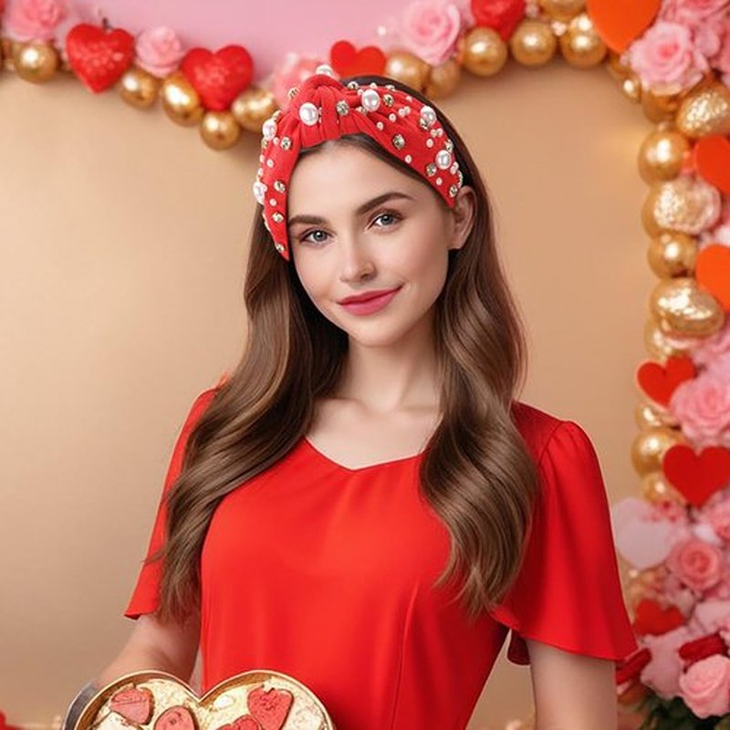 IDDFEVE 2Pcs Valentine's Day Headbands for Women, Heart Love Knotted Hair Hoops, Festive Pearl Hair Accessory Gift (Red&Pink)