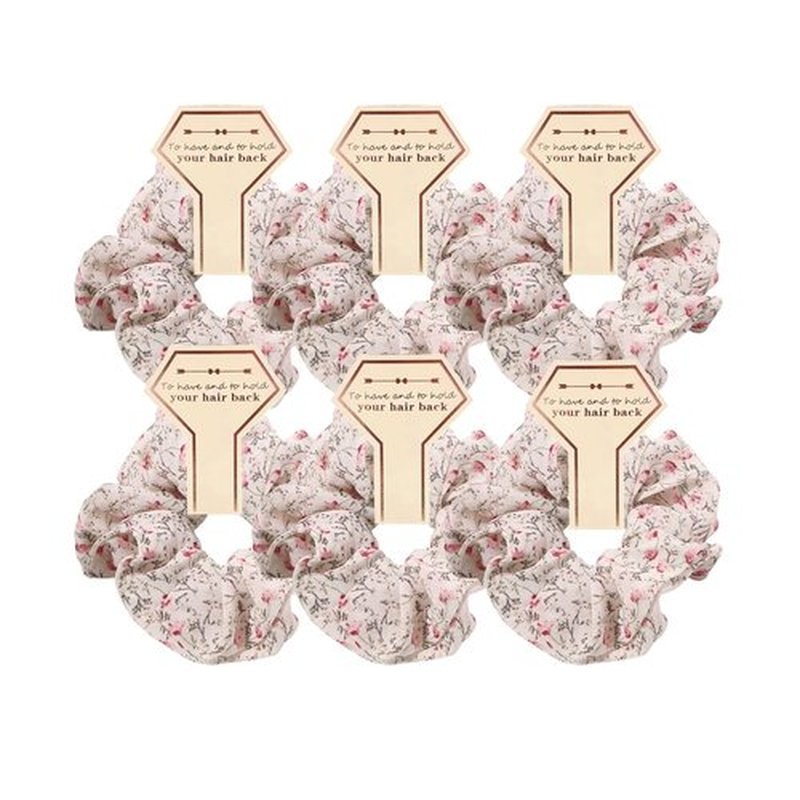 6 Pcs Hair Scrunchies, Hair Elastics Bands Floral Hair Scrunchie, Elastic Rubber Bands Chiffon Hair Scrunchies for Thick Curly Hair Flower Hair Ties Hair for Women Girls (white floral X6)