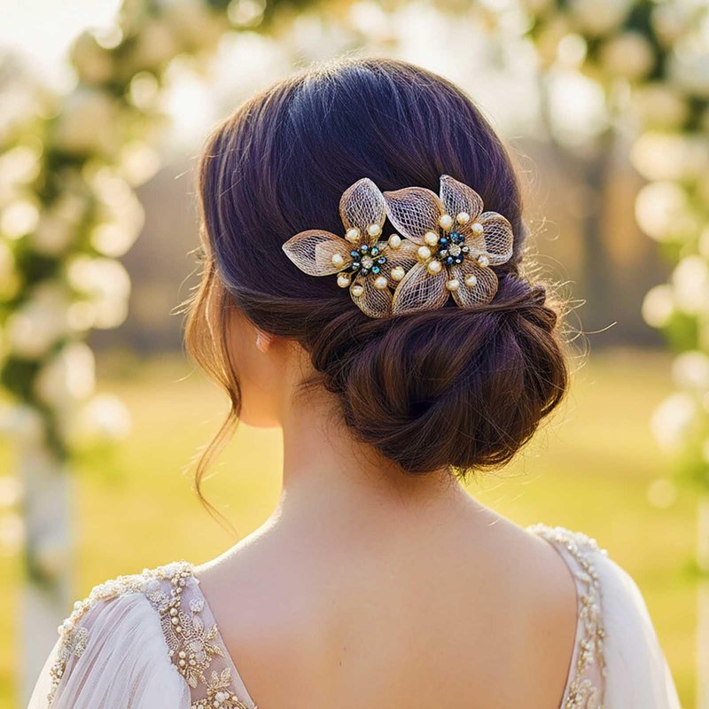Yokawe Crystal Flower Hair Clip, Gold Mesh Design with Pearl Beads, Wedding Hair Accessory, Double Floral Barrette