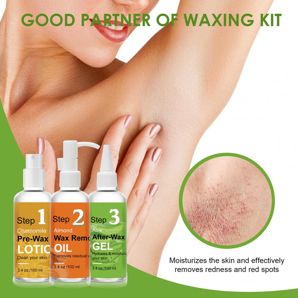 Pre Wax Spray and After Wax Spray, Triple-bottle Skin Care Set with Pre-wax Cleanser, Wax Remover Oil and Skin Soother Organic Aloe Vera Gel for Sensitive Skin - 100ML