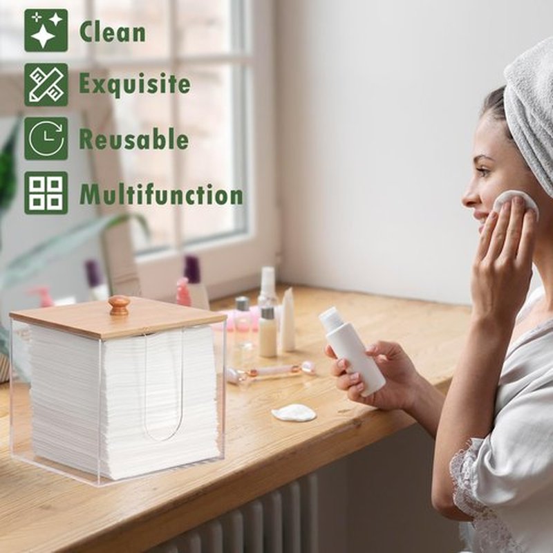 DLUGOPIS Disposable Face Towel Storage Box with Bamboo Lid XL Acrylic Face Towel Container Facial Towel Holder Clean Towels Box Dryer Sheet Container for Face Towels Wipe Bathroom Laundry Room