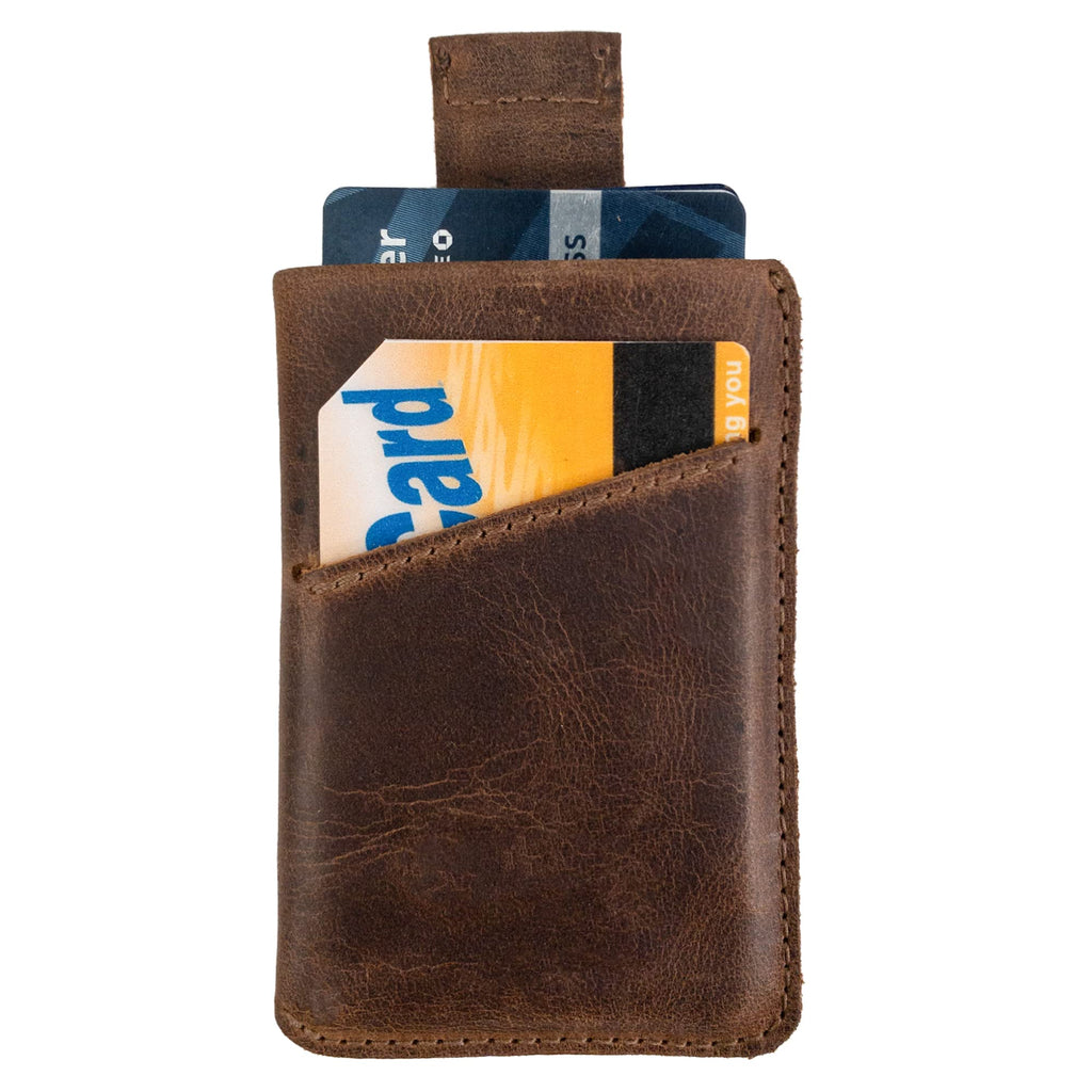 Hide & Drink Vertical Card Sleeve, Holds Cards & Folded Bills, Full Grain Leather, Handmade, Bourbon Brown