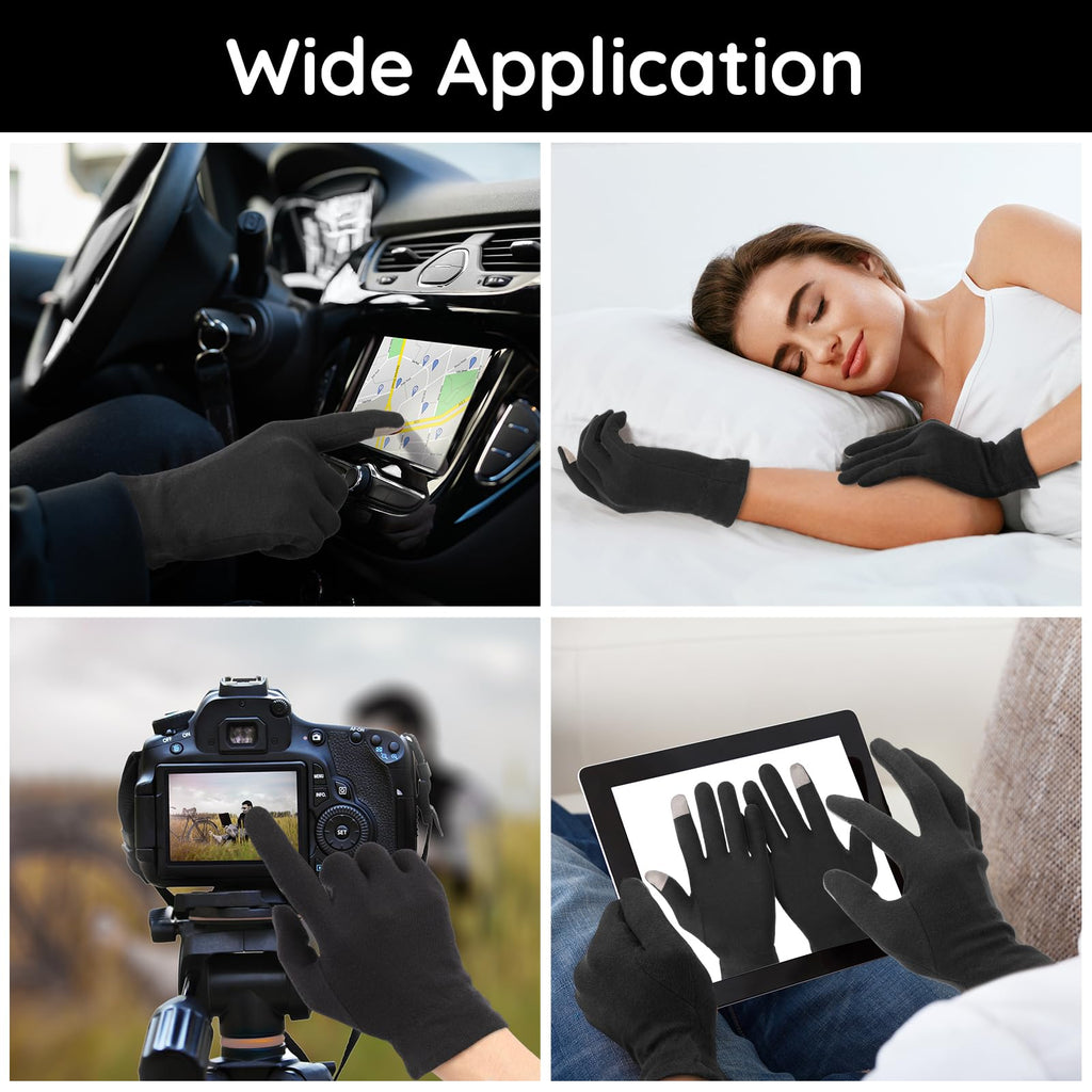 Segbeauty 8 Counts Black Cotton Gloves Touchscreen for Women and Men, 4 Pairs Hand Moisturizer Gloves with Elastic Band, Soft Sleeping Glove for Dry Hands Overnight, Spa Lotion Cotton Glove Liners