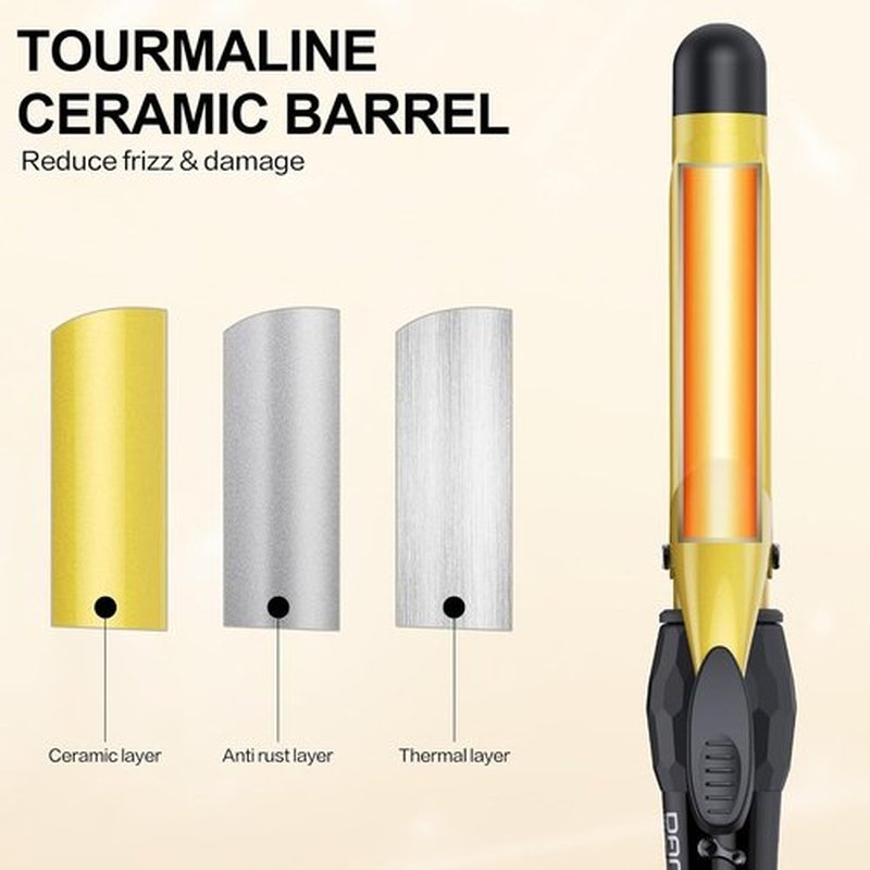 DAN Technology Curling Iron Wand - 1 Inch Tourmaline Ceramic Curler with LCD Display, Fast Heating, Black & Gold
