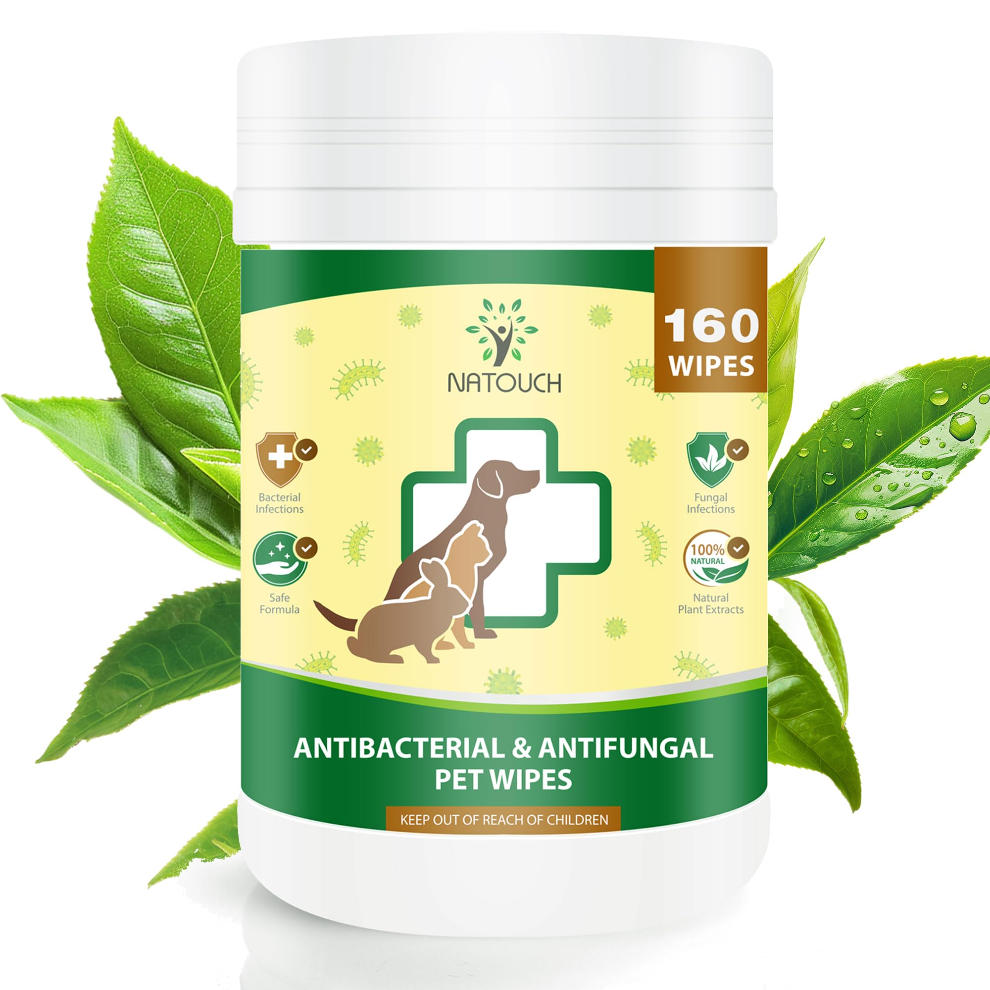 Natouch Antifungal and Antibacterial Wipes for Dogs & Cats, Dog Yeast Infection Treatment Wipes, All Natural Grooming Wipes for Cleaning, Help with Hot Spots, Ringworm, and Skin Infections, 160 Count