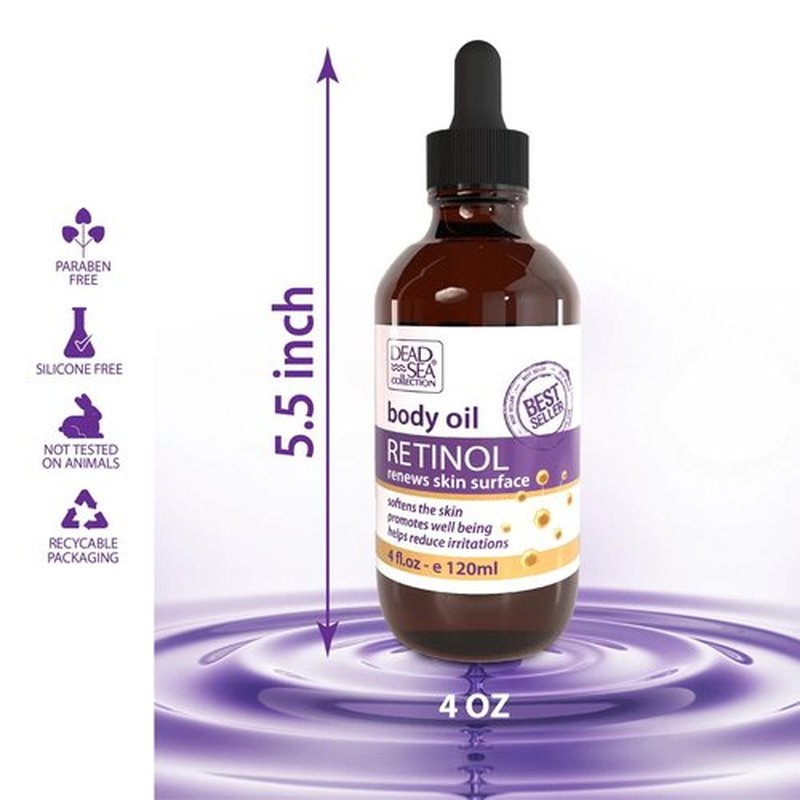 Dead Sea Collection Body Oil for Dry Skin - Retinol & Vitamin E, A Moisturizing Oil for Face, Anti-Aging - Skin Elasticity Support, Renews Skin Surface & Softens 4 Fl. Oz