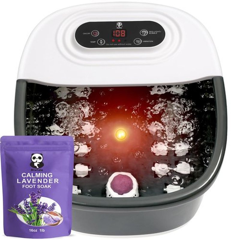 Miwhale Foot Spa Bath Massager with Heat Bubbles and Vibration Massage and Jets, 16 OZ Calming Lavender Foot Soak Epsom Salt, Foot Soaker with Red Light, 22 Massage Rollers, Adjustable Temp - Black