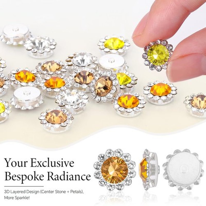 200 Pcs 12MM Sew on Rhinestones Mixed Colors Crystal Glass Metal Base Flower Shape, Flatback Rhinestones for Crafting, Sewing Accessories for Clothes and Shoes (Yellow)