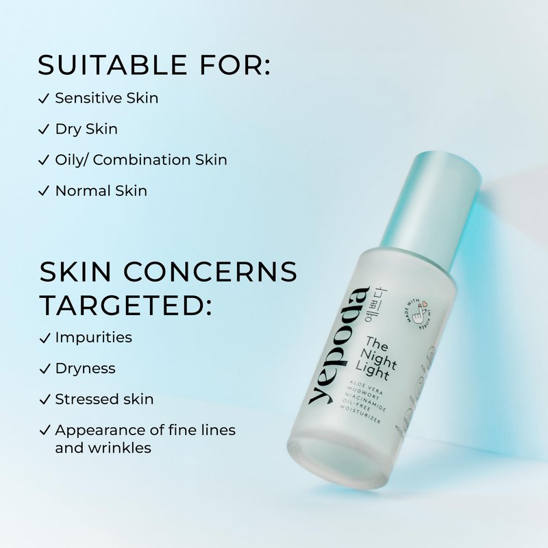 Yepoda The Night Light, Oil-Free Soothing & Clarifying Night Moisturizer with Aloe Vera, Mugwort & Niacinamide, Hydrating Vegan Korean Facial Moisturizer for All Skin Types, 1.69 FL. OZ. (50 ml)